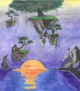 Watercolor — whales over desert canyon