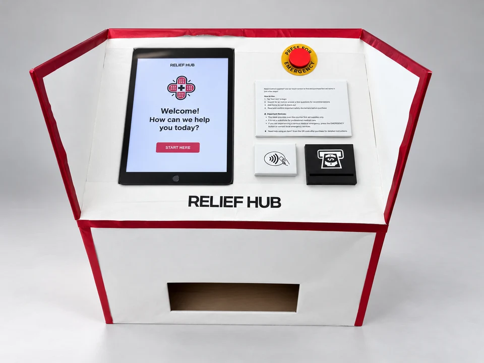 ReliefHub kiosk with its touchscreen, emergency button, payment touchpoints and dispensing bay