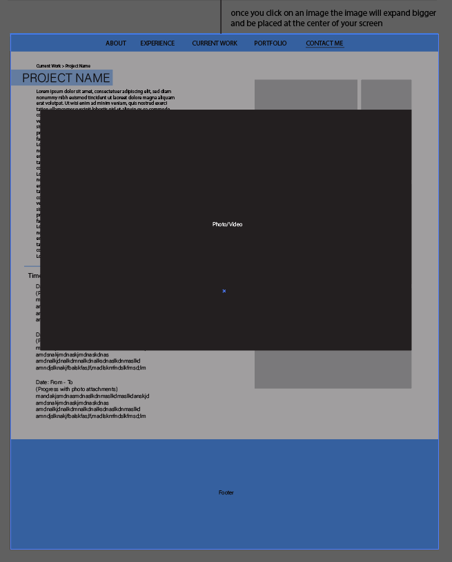 Wireframe — project detail with lightbox interaction note