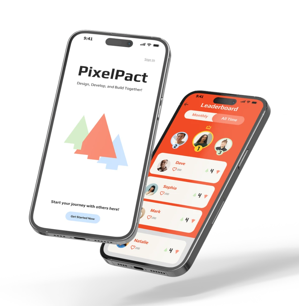 PixelPact collaboration platform interface screens