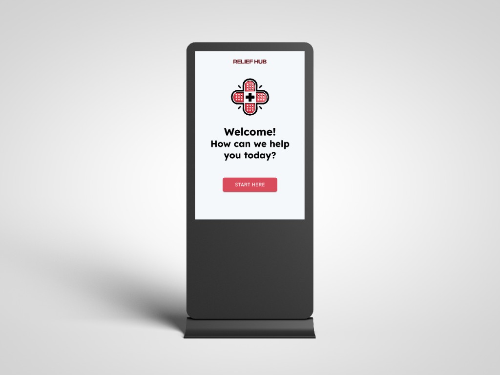 Physical kiosk mock — cream body, red trim, tablet welcome