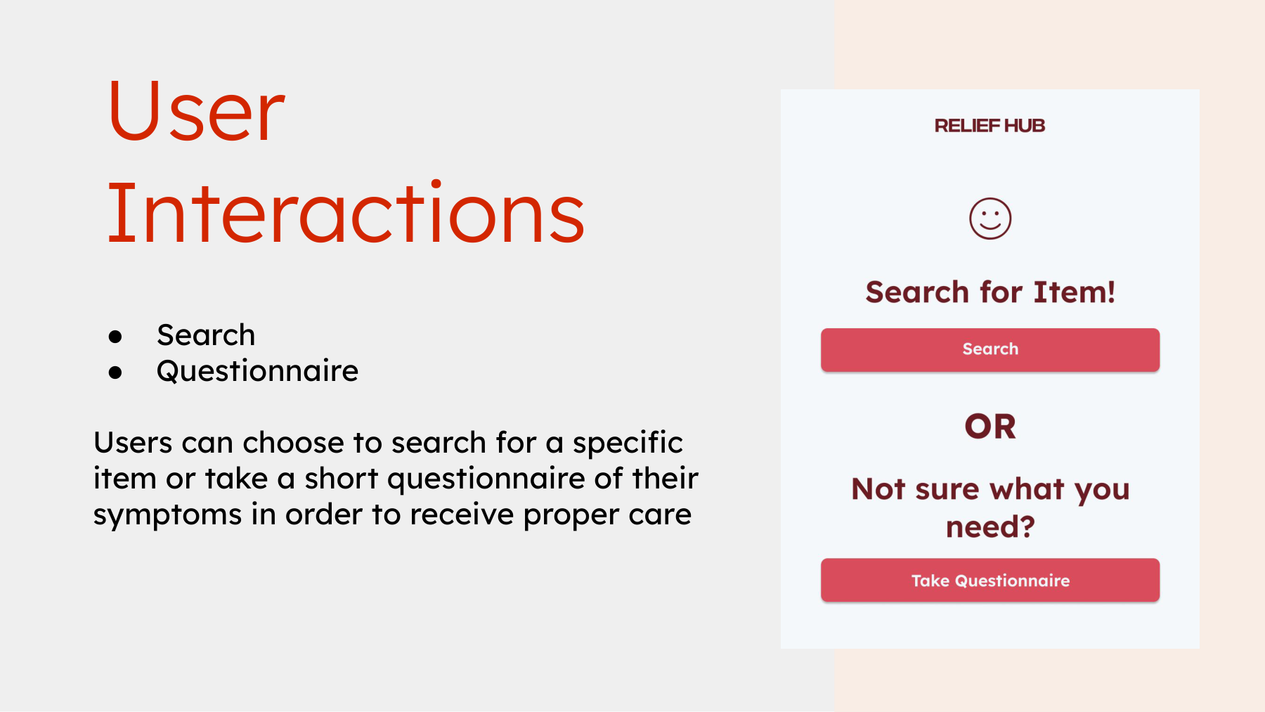 Deck slide — search vs. questionnaire interaction overview (ReliefHub overview PDF)