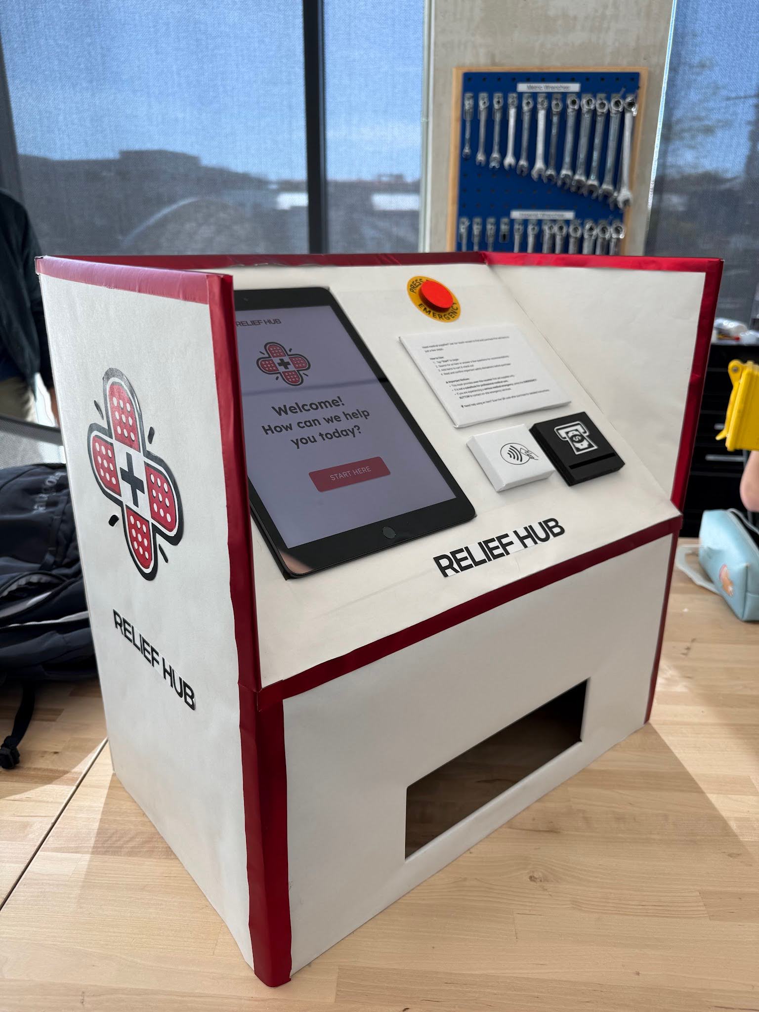 Angled view of the completed full-scale ReliefHub kiosk prototype