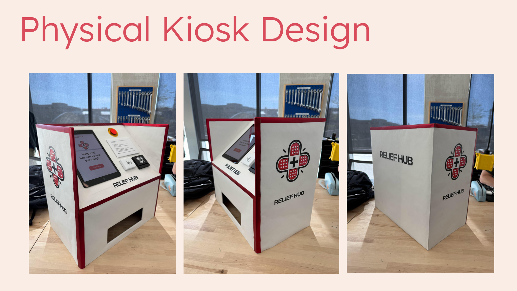 Three views of the completed ReliefHub physical kiosk