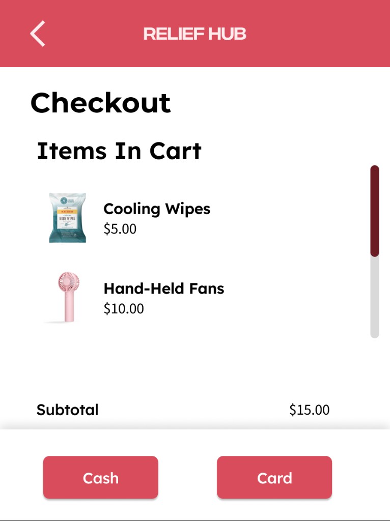 ReliefHub checkout screen with cash and card payment options
