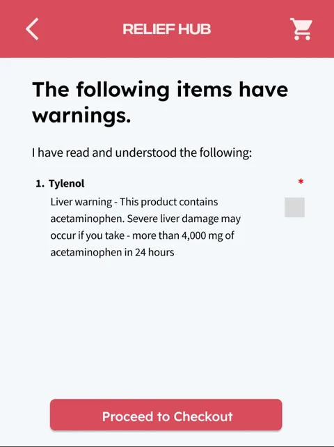 Dosage and allergy warning acknowledgement screen