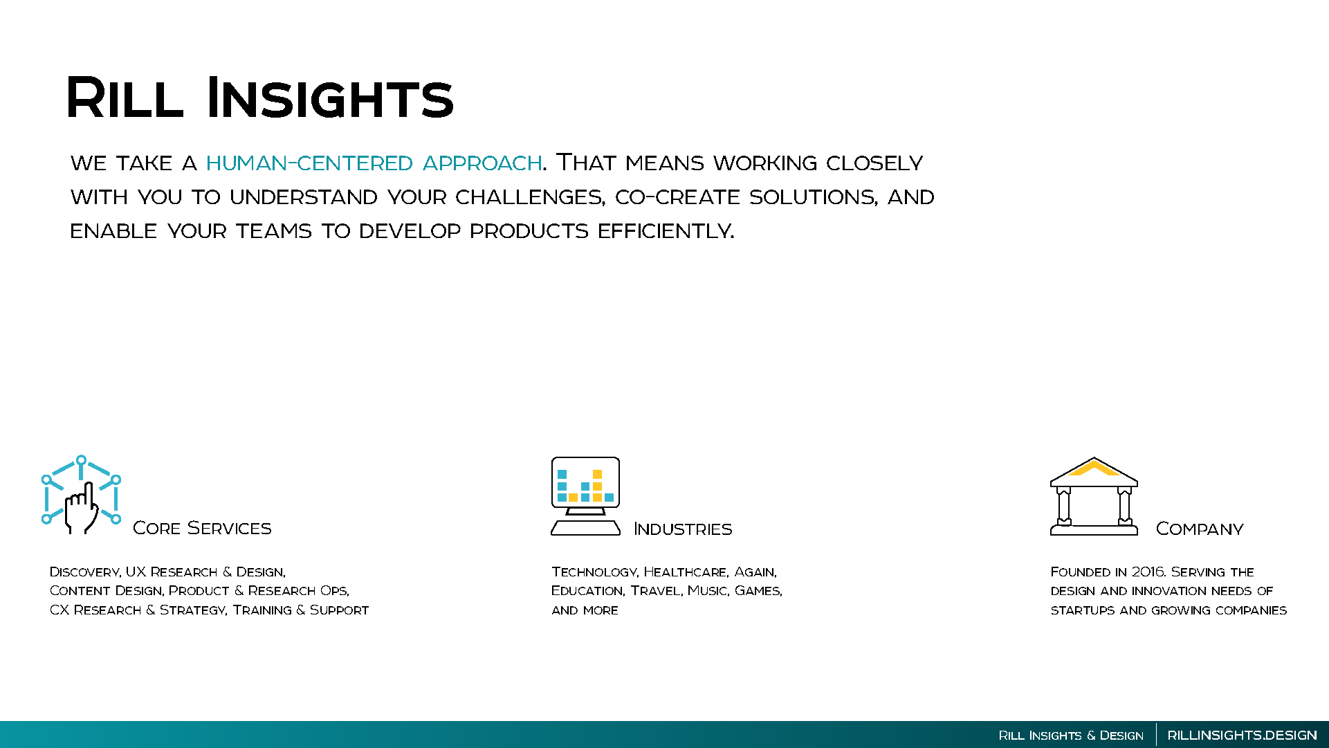 Slide — Rill Insights mission and three-column services