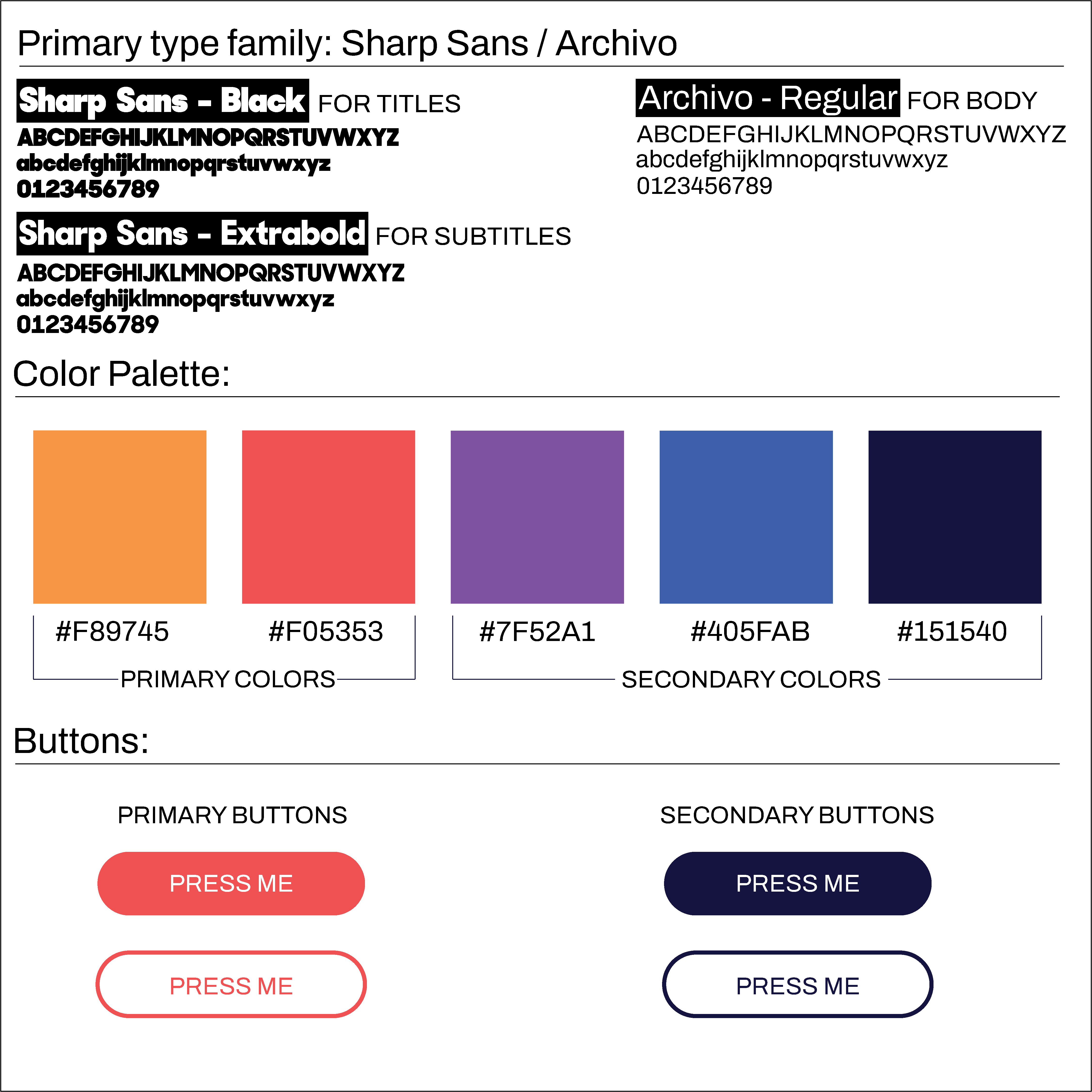 Identity system exploration — typography, color palette, and button states