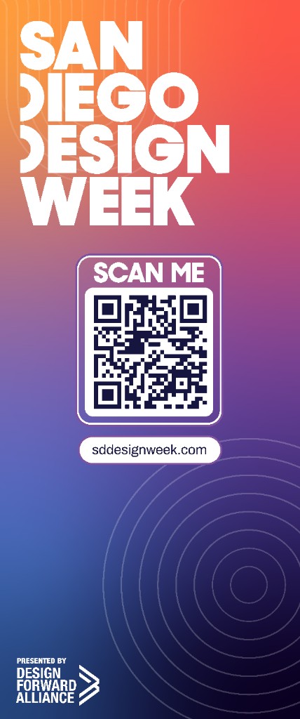 Vertical banner — gradient with SCAN ME and sddesignweek.com