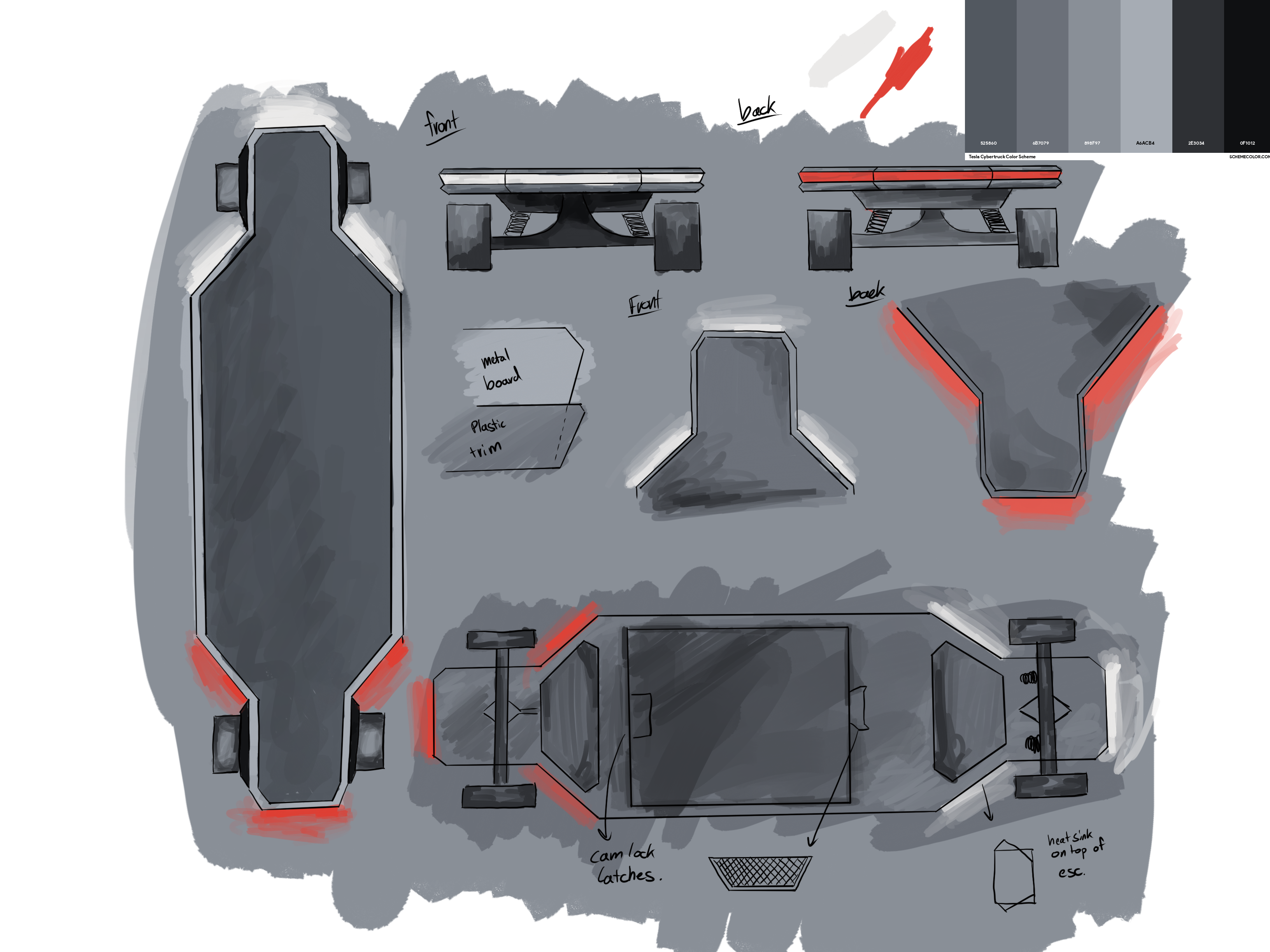 Concept sheet — electric skate / wedge deck, views and lighting accents