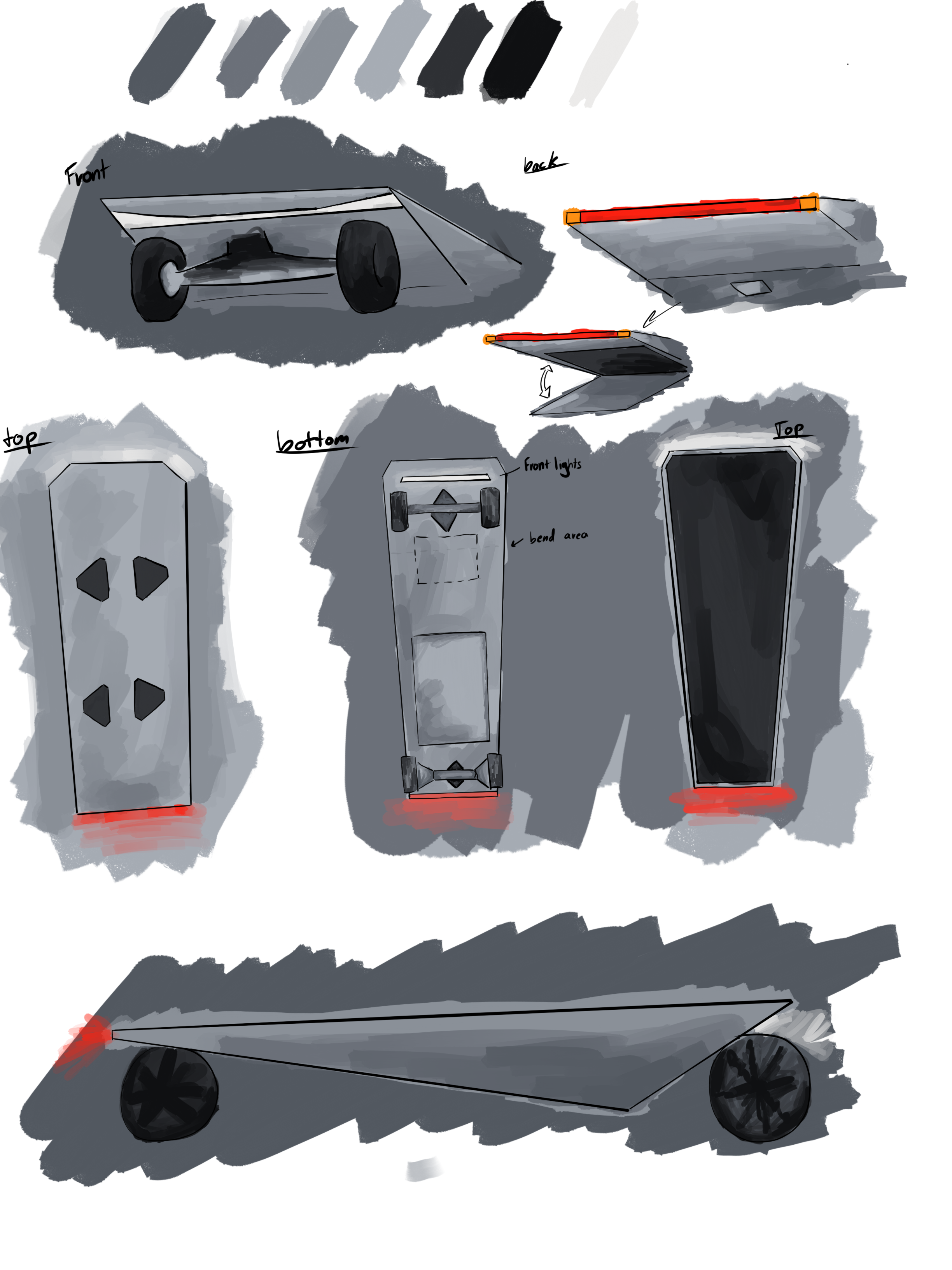 Concept sheet — Cybertruck-style palette, top/bottom views, LED edge lighting