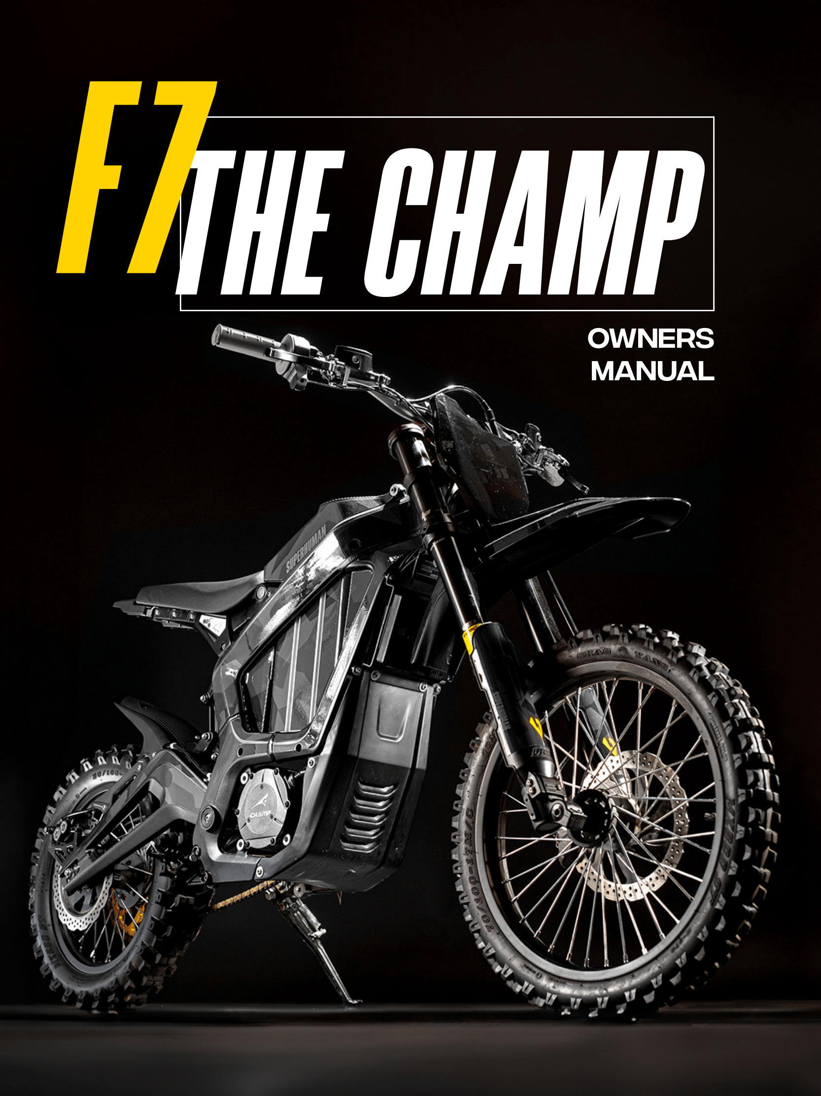 F7 The Champ — owner’s manual cover (yellow F7, white type, bike on black)